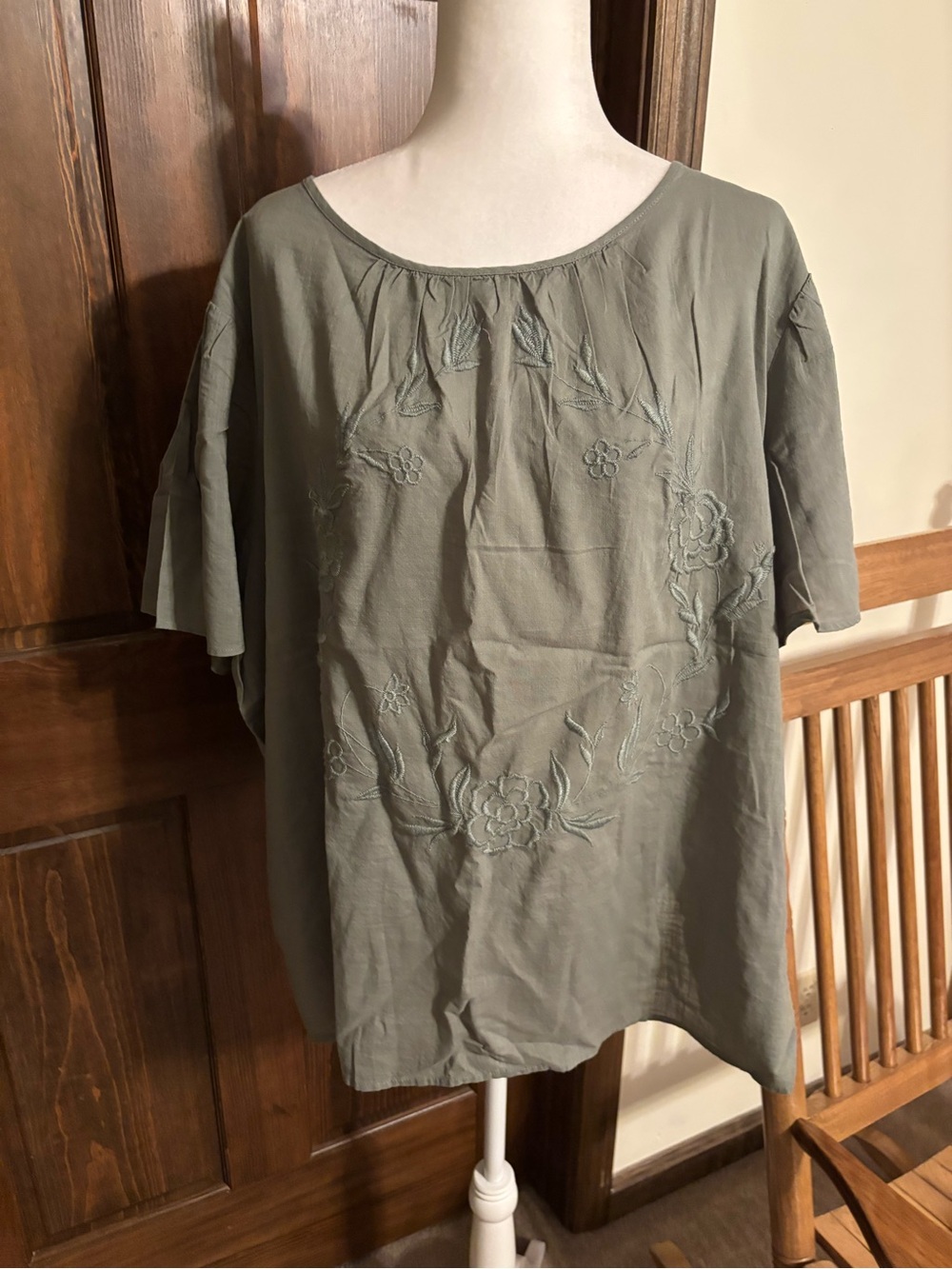 Candace Cameron Bure Olive Green Embroidered Short Sleeve Blouse
